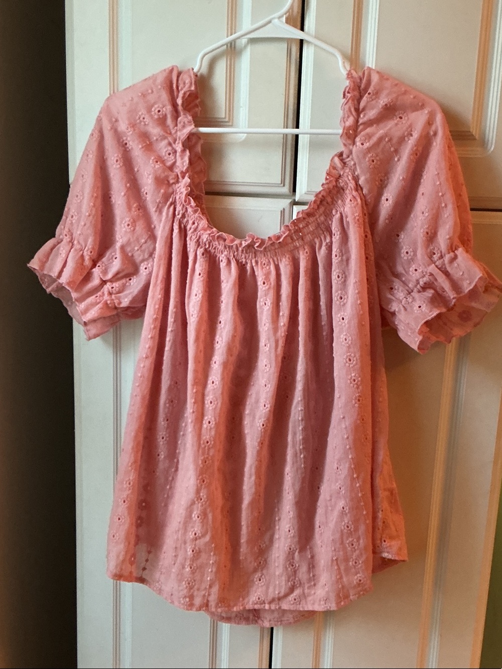 SHEIN Pink Eyelet Ruffle Square-Neck Blouse 1x Top